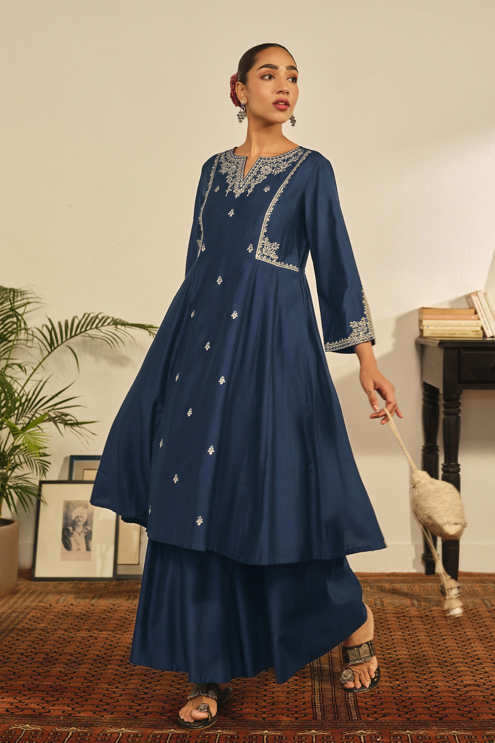 Embroidered A-line Kurta in Indigo, Indigo, image 2
